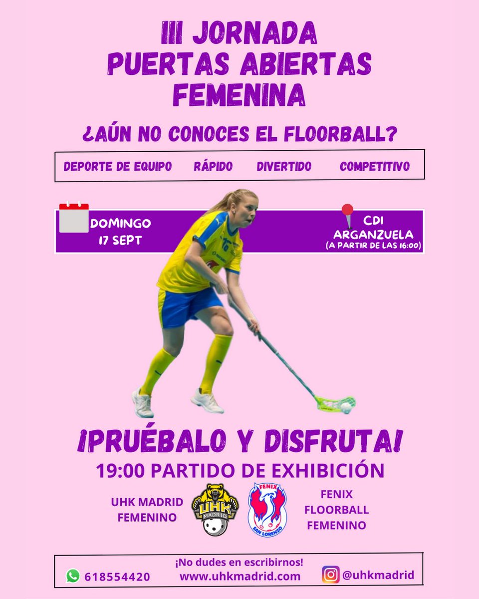 Si todavía no conoces el floorball o tienes curiosidad por probarlo... ¡¡Resérvate el 17 de Septiembre y disfruta de este maravilloso deporte!!

Apto para todas las edades, regalos y premios para todos los participantes.

Comparte y ayuda al #deportefemenino 

Cualquier duda👇