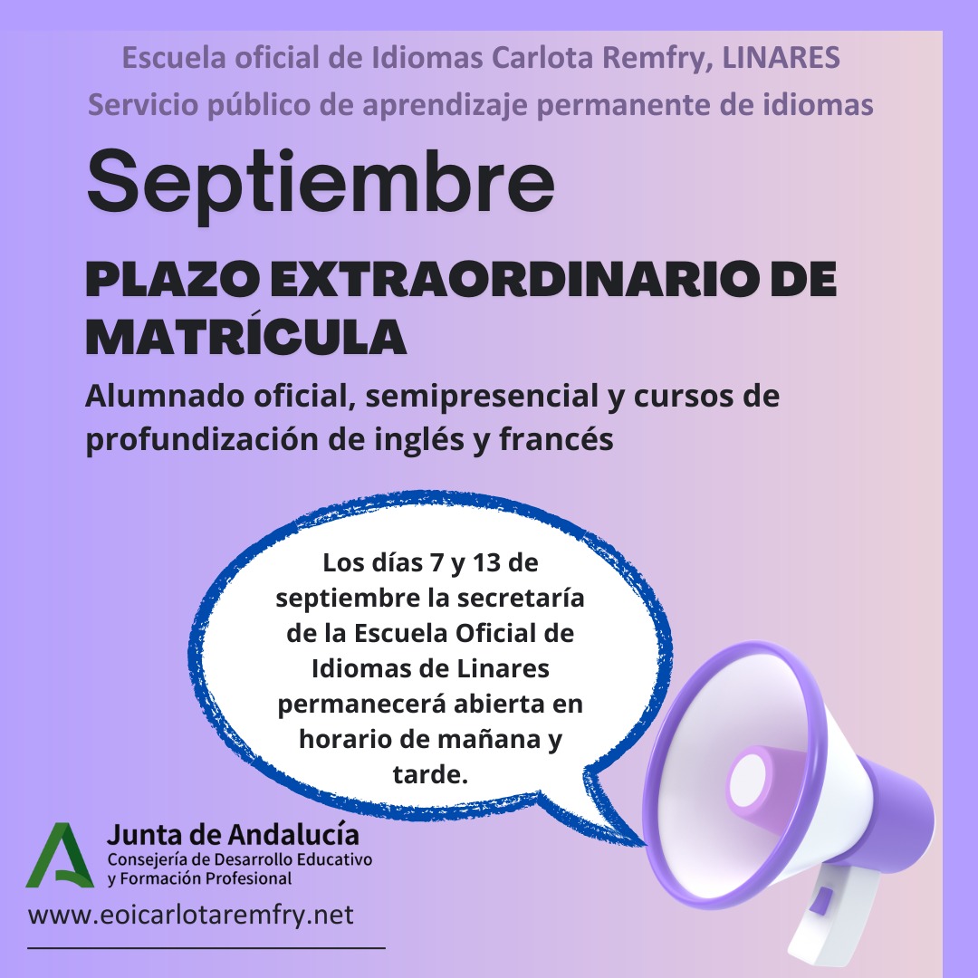Habilitamos doble horario de secretarîa para matriculaciôn en septiembre, el 7 y 13.
Mañanas de 9h00 a 14h00
Tardes de 16h a 19h00