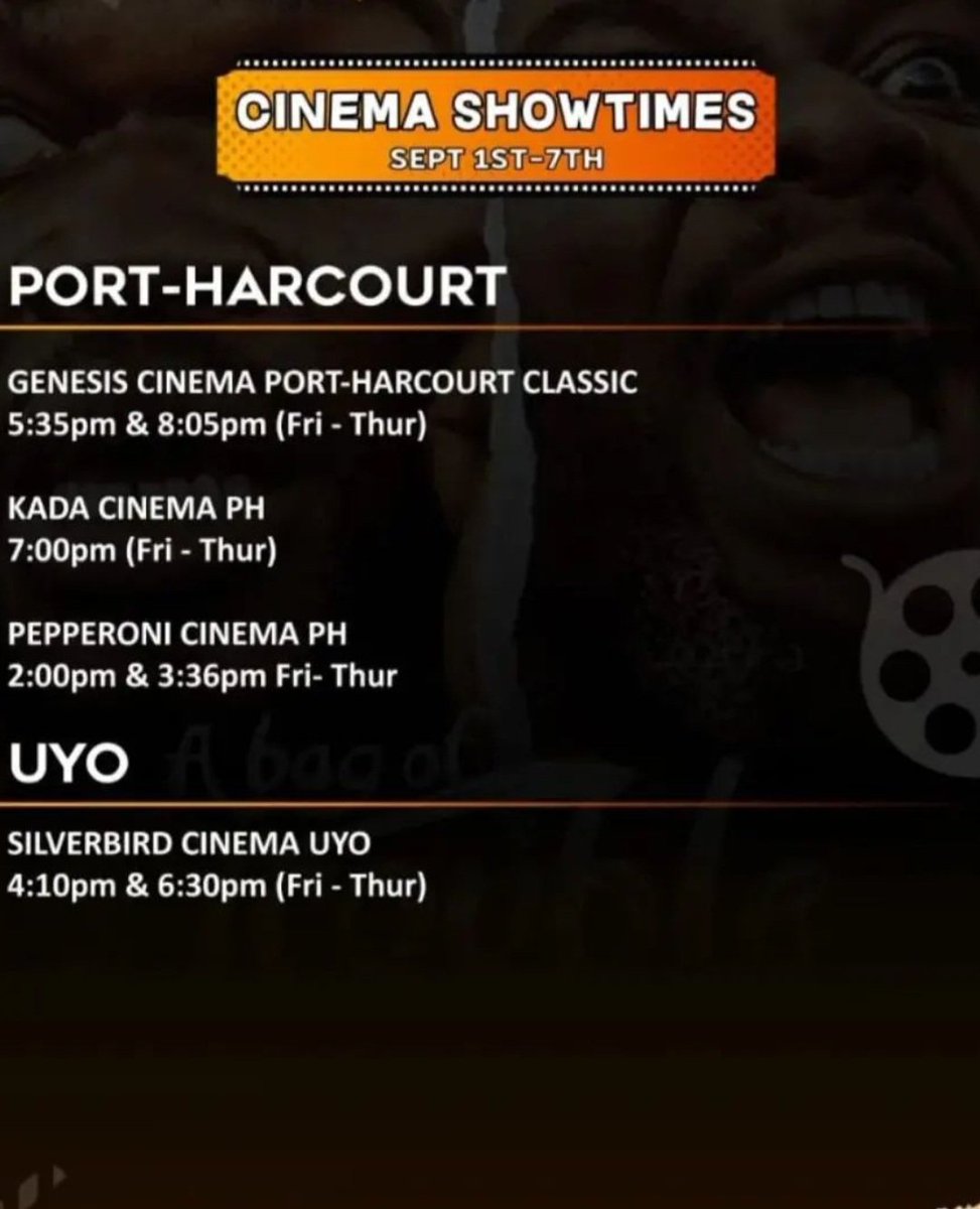 Pitakwa! Uyo! Are you ready? The blockbuster psychocomedy 'a Bag of Trouble' starring BrodaShaggi &amp; Oga Sabinus will be showing at these locations and times in Port harcourt &amp; Uyo. 

Go see it with your loved ones. A great time of laughter awaits.