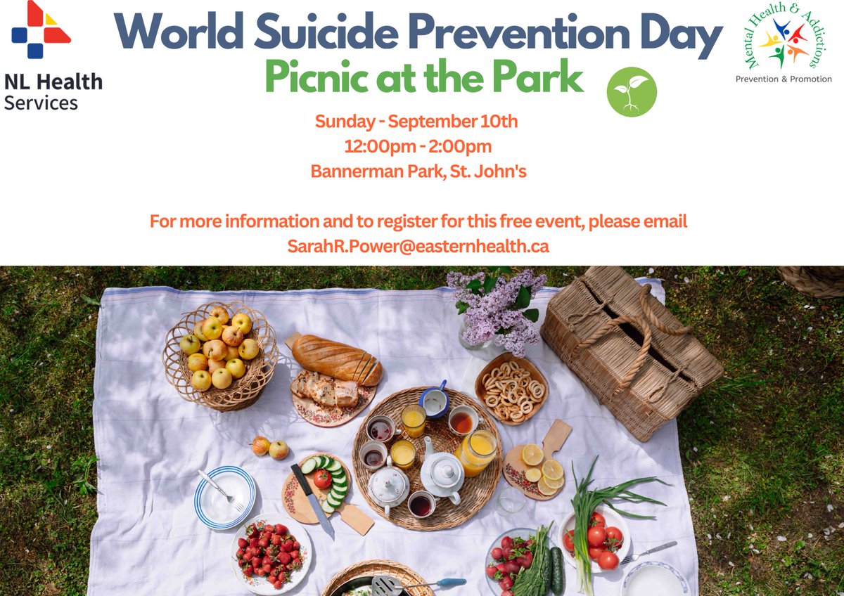 In recognition of World Suicide Prevention Day, NL Health Services’ mental health and addictions team, in partnership with <a href="/LifewiseNL/">Lifewise</a>, will host a public picnic at Bannerman Park (Military Road entrance) St. John’s, on Sunday, September 10, 2023, 12:00 p.m. to 2:00 p.m.
(1/2)