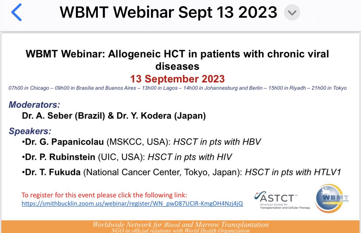 Carmem Bonfim (@carmembonfim1) on Twitter photo Don’t miss the WBMT webinar next week, September  13 about HCT in pts with chronic viral diseases. Would you like to know more about how to transplant pts with hepatitis B, HIV and HTLV-1? If so, come & join us. To register follow this link. smithbucklin.zoom.us/webinar/regist… Don’t miss the WBMT webinar next week, September  13 about HCT in pts with chronic viral diseases. Would you like to know more about how to transplant pts with hepatitis B, HIV and HTLV-1? If so, come & join us. To register follow this link. smithbucklin.zoom.us/webinar/regist…