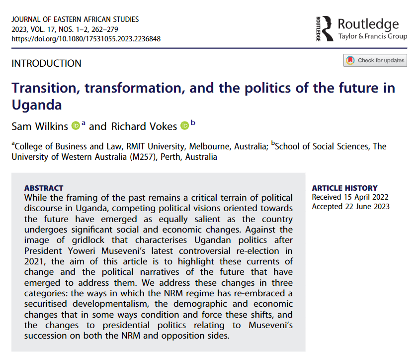JEAS (@jeasjournal) on Twitter photo Now online (free access):
Transition, transformation, and the politics of the future in #Uganda
by <a href="/samdwilkins/">Sam Wilkins</a> & Richard Vokes
doi.org/10.1080/175310…
The guest editors' framing paper for a new special collection:
tandfonline.com/journals/rjea2… Now online (free access):
Transition, transformation, and the politics of the future in #Uganda
by <a href="/samdwilkins/">Sam Wilkins</a> & Richard Vokes
doi.org/10.1080/175310…
The guest editors' framing paper for a new special collection:
tandfonline.com/journals/rjea2…