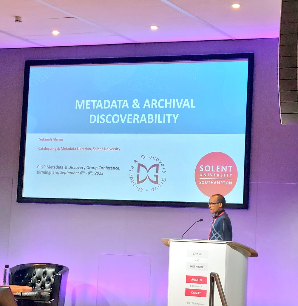 CilipMDG's tweet photo. @librarian_jason @IETvenues @getaneha @getaneha prefaces his paper by explaining that he is not an archivist but a library metadata specialist - but there are common goals related to enabling discovery and access to collections across both sectors #CILIPMDG23 https://t.co/GVj06zQrz4
