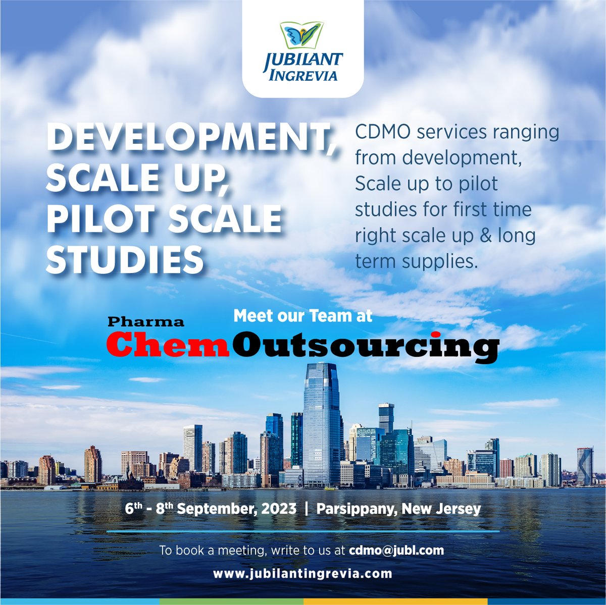 ingrevia's tweet photo. CDMO services ranging from development, scale up to pilot studies for first time right scale up & long-term supplies
Meet our team at #PharmaChemOutsourcing
6th-8th September 2023
#Parsippany, New Jersey, USA
To book a meeting, write to us at cdmo@jubl.com
#CDMO #CDMOServices https://t.co/0ZbcBVTTb2