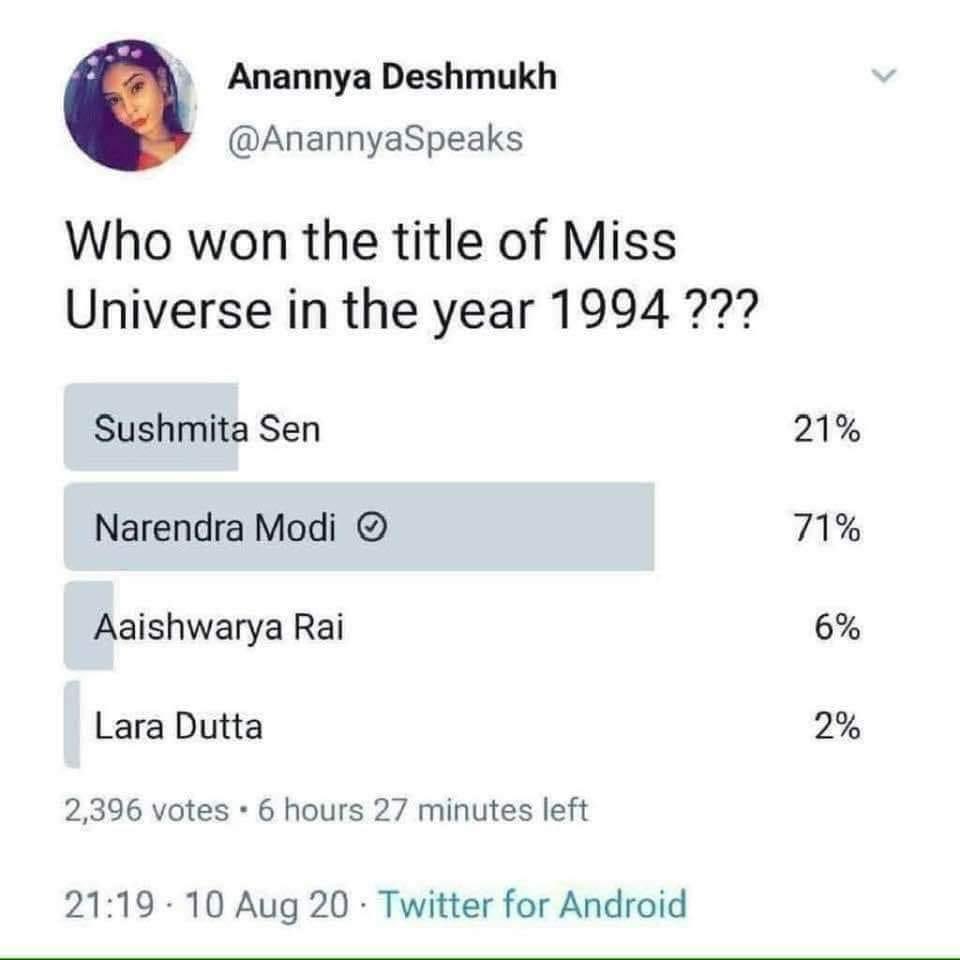 This is the condition of Andhbhakts 🫠 😂 Miss Universe of 1994 one n only Modi G 👸👑🤣