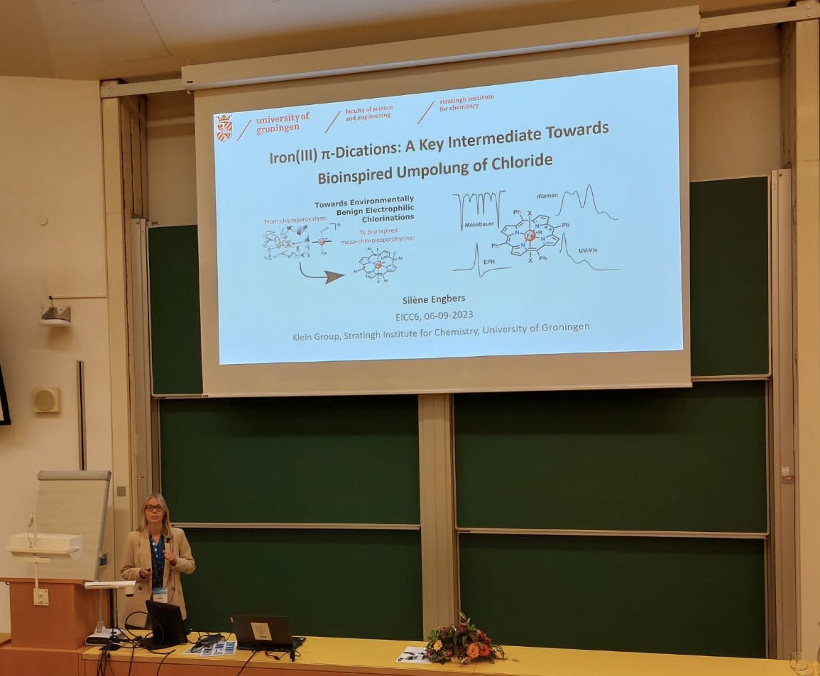 Had the pleasure of presenting my work on porphyrin iron(III) pi-dictations at the @eicc6_vienna today, thank you to everyone who attended and of course also my co-authors @lab_klein @MossbauerLab and Prof. Ronald Hage, for an introduction to the topic see doi.org/10.1021/acs.in…