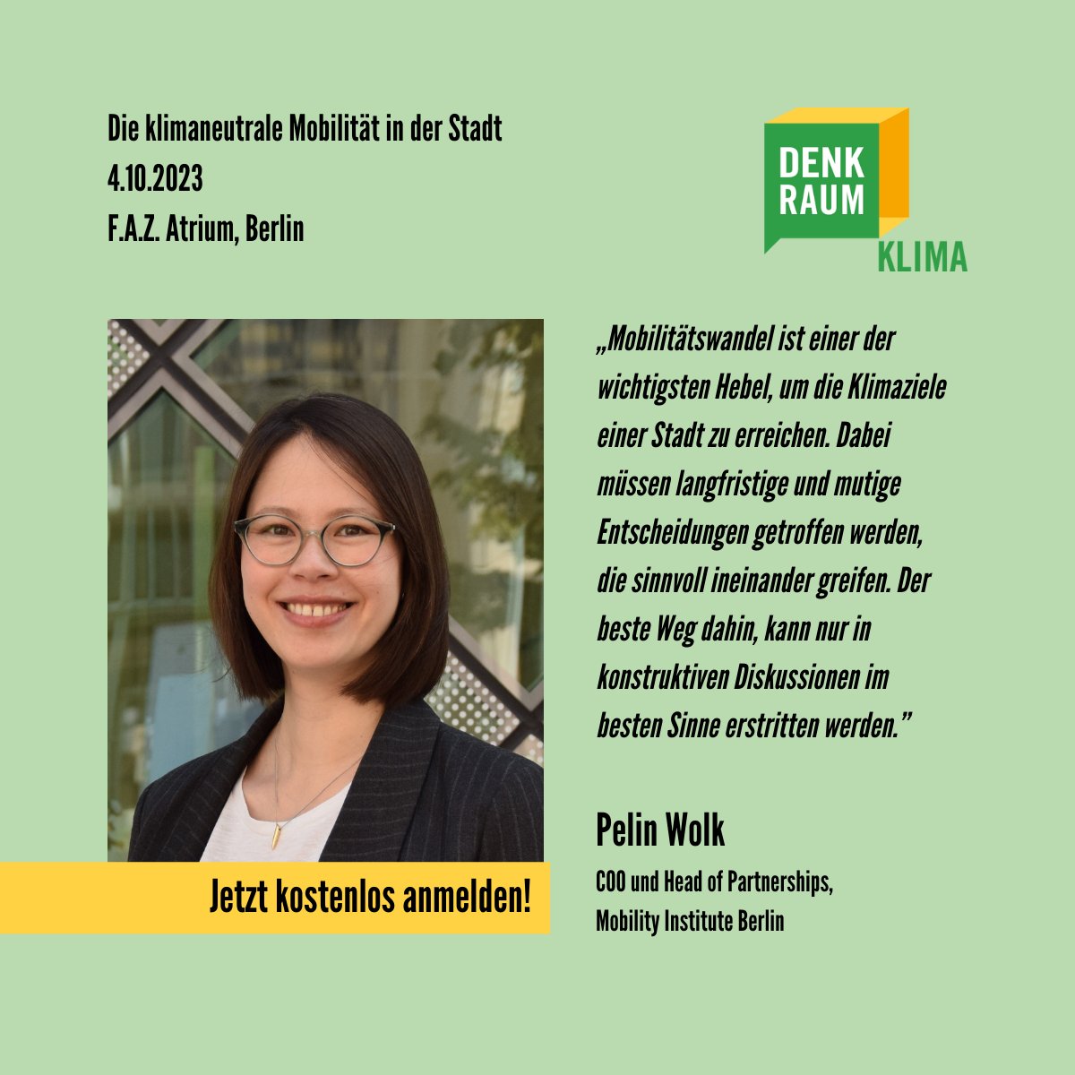 Wir freuen uns auf den Austausch beim #DenkraumKlima mit F.A.Z. Konferenzen und <a href="/BoschPresse/">BoschPresse📰</a> am 4.10.! Mit dabei: Pelin Wolk, COO beim @mibMobility. Ihr Ziel: nachhaltige #Mobilität für Menschen zur ersten Wahl zu machen!

Zur Anmeldung 👉 brnw.ch/21wCjxe