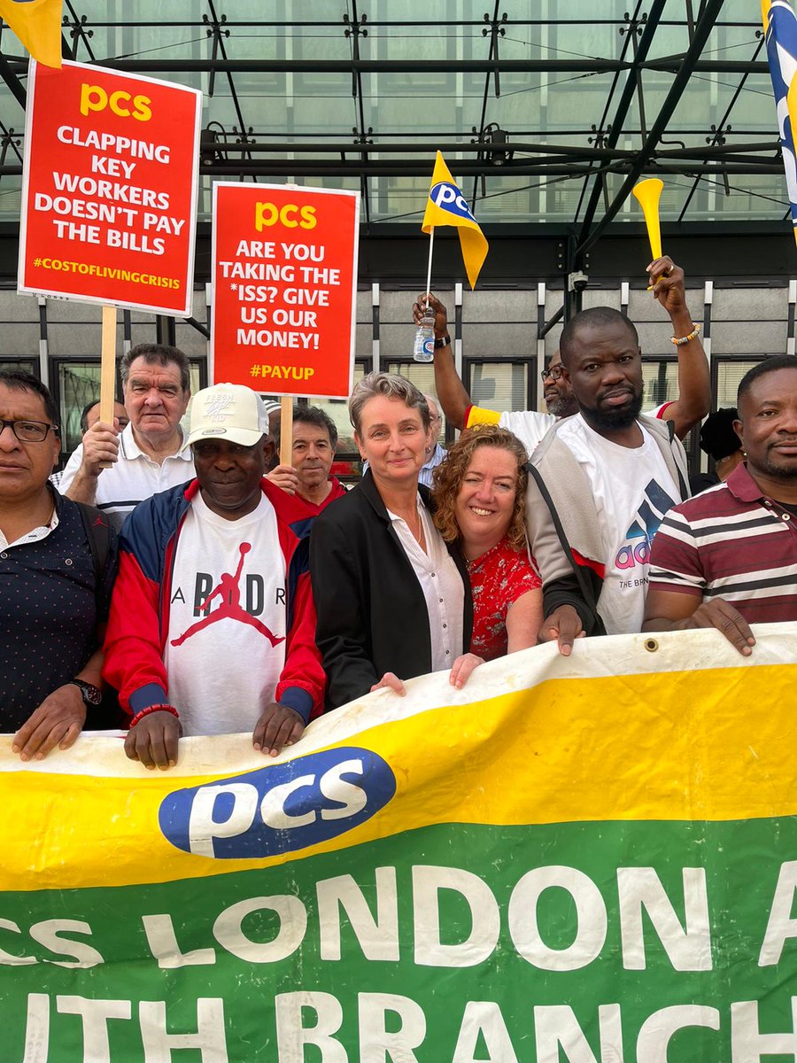 Solidarity to the striking cleaners, security guards & support staff working for outsourced contractor ISS who are taking action after being offered a below-inflation pay rise @pcs_union Great to see PCS President @FranHeathcote too ✊