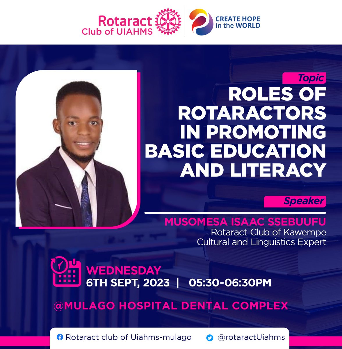 It's today 
      Time:5:30- 6:30
Venue: Mulago hospital Dental Auditorium 
    We invite y'all to fellowship with us <a href="/Rotaract_TV/">ROTARACT ONLINE TV</a>