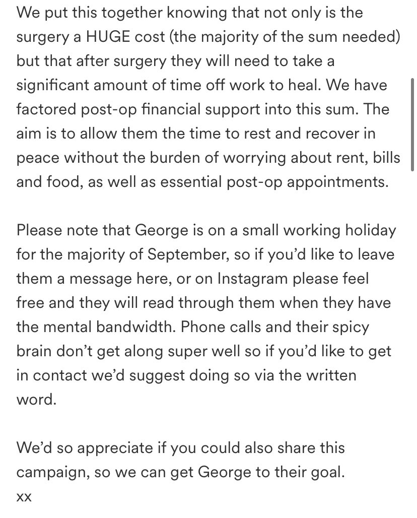 My beloved friend <a href="/george_llevi/">good small horce</a> needs some help, as many of our community do, to survive and thrive. If you are looking for a worthy cause to give a few bucks to, I highly  recommend helping a beautiful person get the surgery they need. Thank you 🥰 gofund.me/a352d5a6