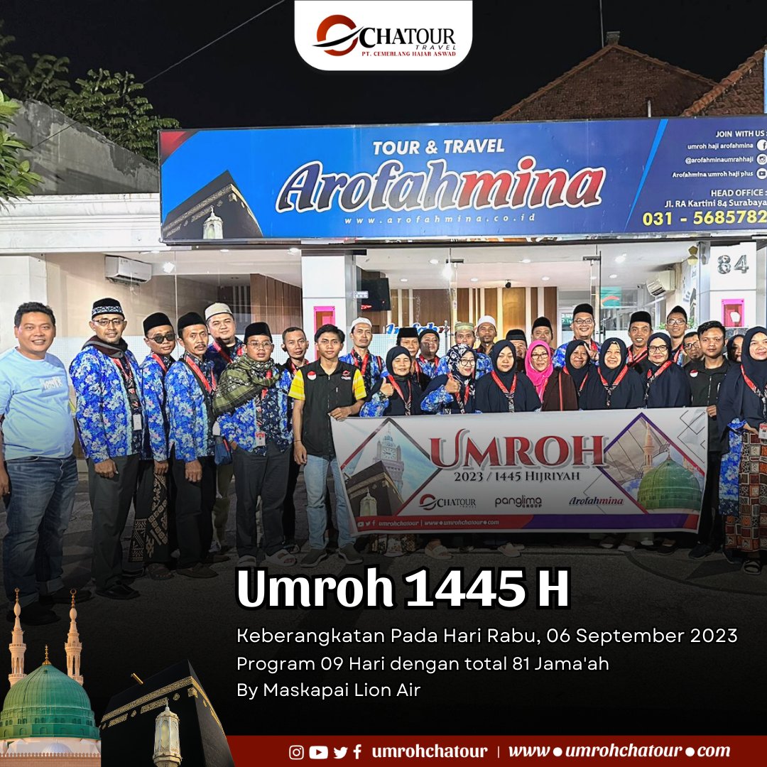 umrohchatour's tweet photo. Keberangkatan Jama'ah Umroh CHATOUR TRAVEL DAN AROFAHMINA pada Hari Rabu, 06 September 2023 program 09 Hari dengan total 81 Jama'ah by Maskapai Lion Air.

#chatourtravel #chatourtravelsurabaya #panglimagroup #CerdasHematAmanah #hajj #haji #umrohterpercaya #umrah #umroh1445h https://t.co/Rna94bvVTV