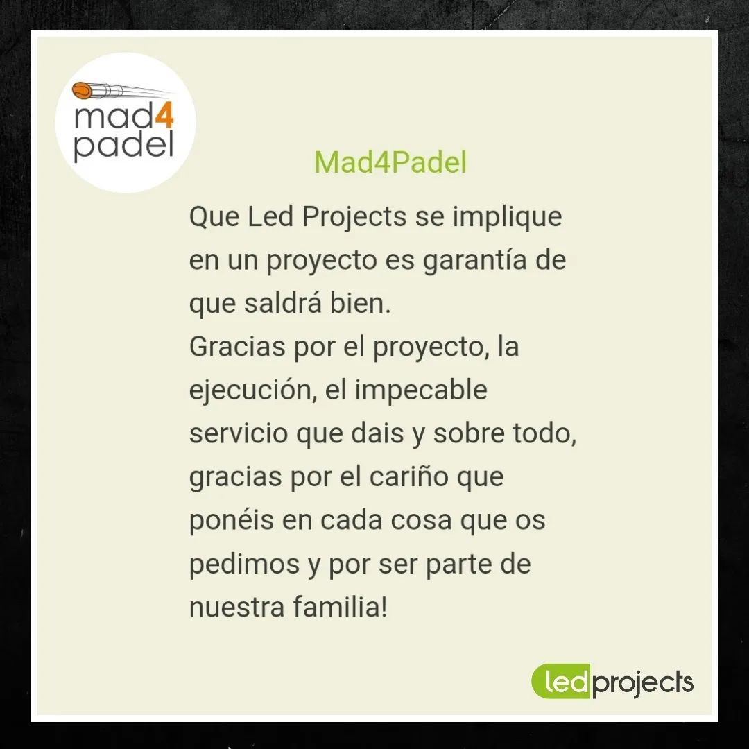 LedProjects's tweet photo. 👉🏽 Nuestros clientes opinan💬

Gracias @MAD4PADEL (Madrid 🇪🇦)

➡️⬇️⬆️⬅️

👉🏽 What our costumers say💬

Thank you to the club @MAD4PADEL (Madrid 🇪🇦)

#LedProjetcs #ledlighting #ledlights #ledengineering https://t.co/W0Pbd7PR77