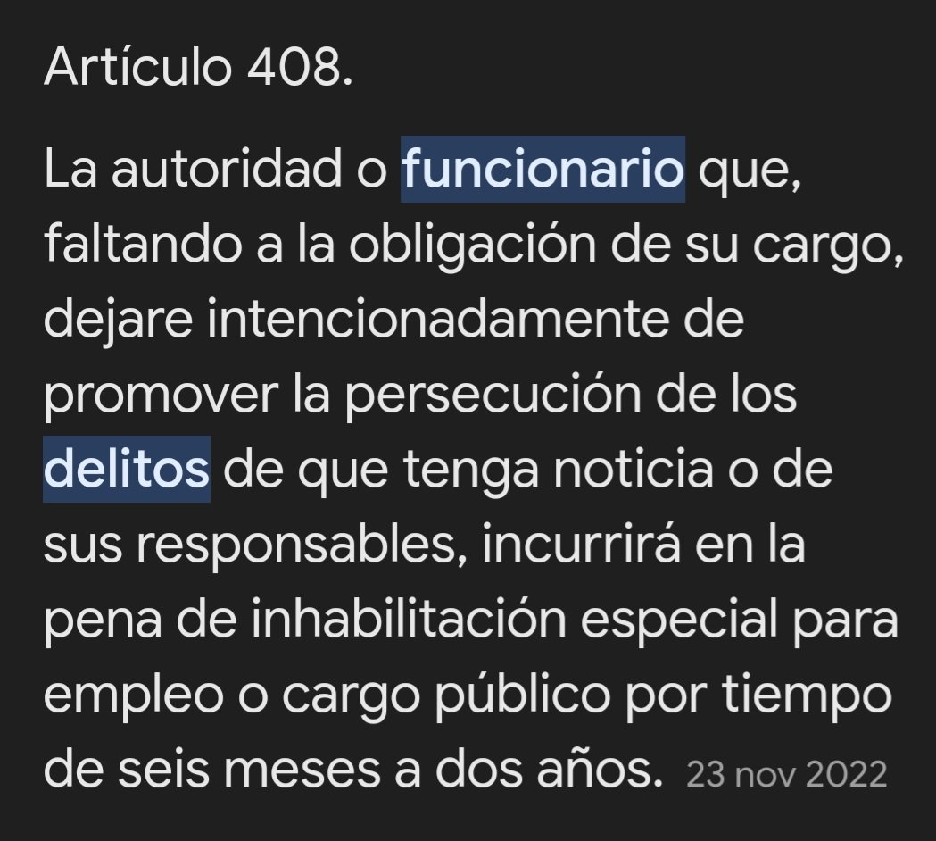 Código Penal 10/1995 de 23 de Noviembre.
Artículo 408. La Autoridad o Funcionario que, faltando a la obligación de su cargo, dejare intencionadamente la obligación de perseguir delitos...
" Sobran las palabras"
#EstadoDeDerecho #ConstitucionEspañola 
#EquiparacionYa