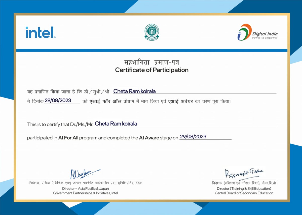 ThakurAnoopSa's tweet photo. All 75 teachers of Modern Hr. Sec School Gangtok Sikkim presented themselves with AI for All Digital Badges and certificates on Teacher's Day. Many Congratulations to Ms. Mala Jigdal Dorjee principal a role model to make her school AI Ready .  @Shwetakhur @salonizz @Ai4Youth https://t.co/vqFtAK0Not
