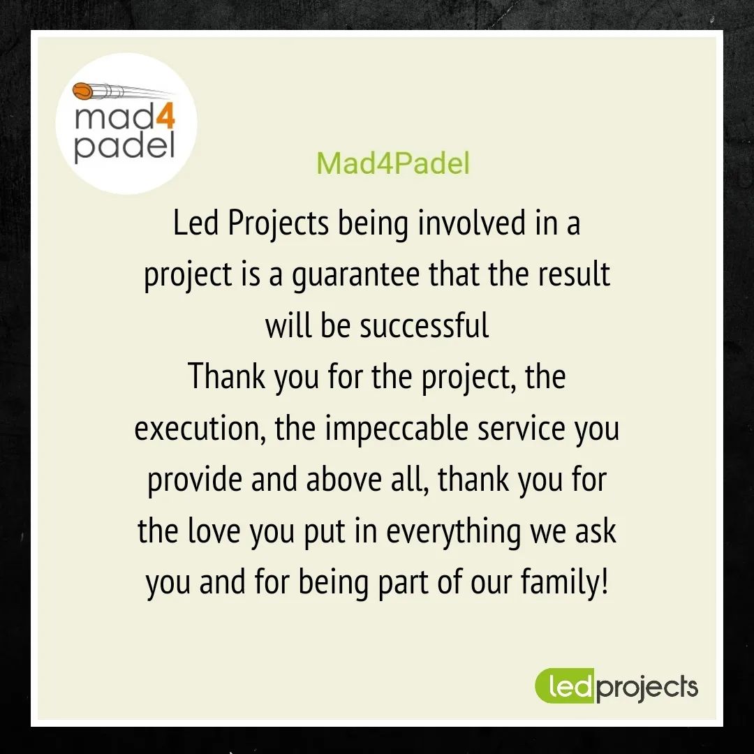 LedProjects's tweet photo. 👉🏽 Nuestros clientes opinan💬

Gracias @MAD4PADEL (Madrid 🇪🇦)

➡️⬇️⬆️⬅️

👉🏽 What our costumers say💬

Thank you to the club @MAD4PADEL (Madrid 🇪🇦)

#LedProjetcs #ledlighting #ledlights #ledengineering https://t.co/W0Pbd7PR77