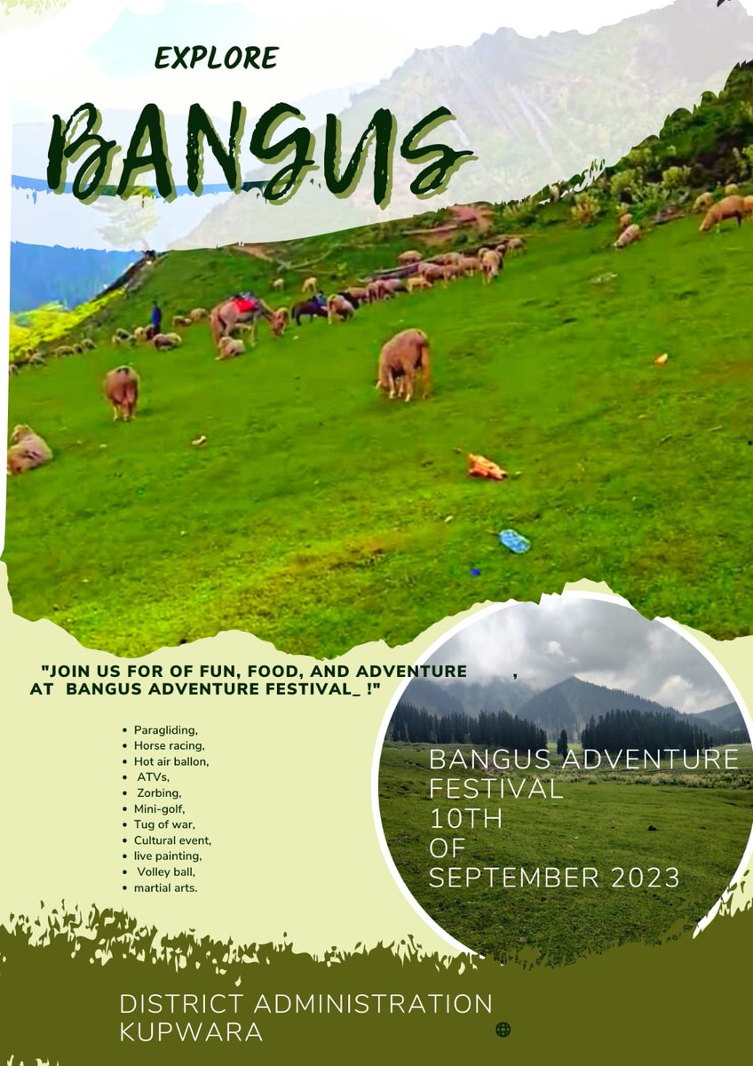 dckupwara's tweet photo. #DekhoApnaDesh
Join us on September 10th for the enchanting #BangusFestival, where nature's beauty meets adventure. Explore the picturesque Bod-Bangus and Lakut-Bangus valleys, camp amid a hundred meadows. 
#EcoTourism
@tourismgoi
@incredibleindia
@OfficeOfLGJandK
@JandKTourism https://t.co/3uitGANzn2