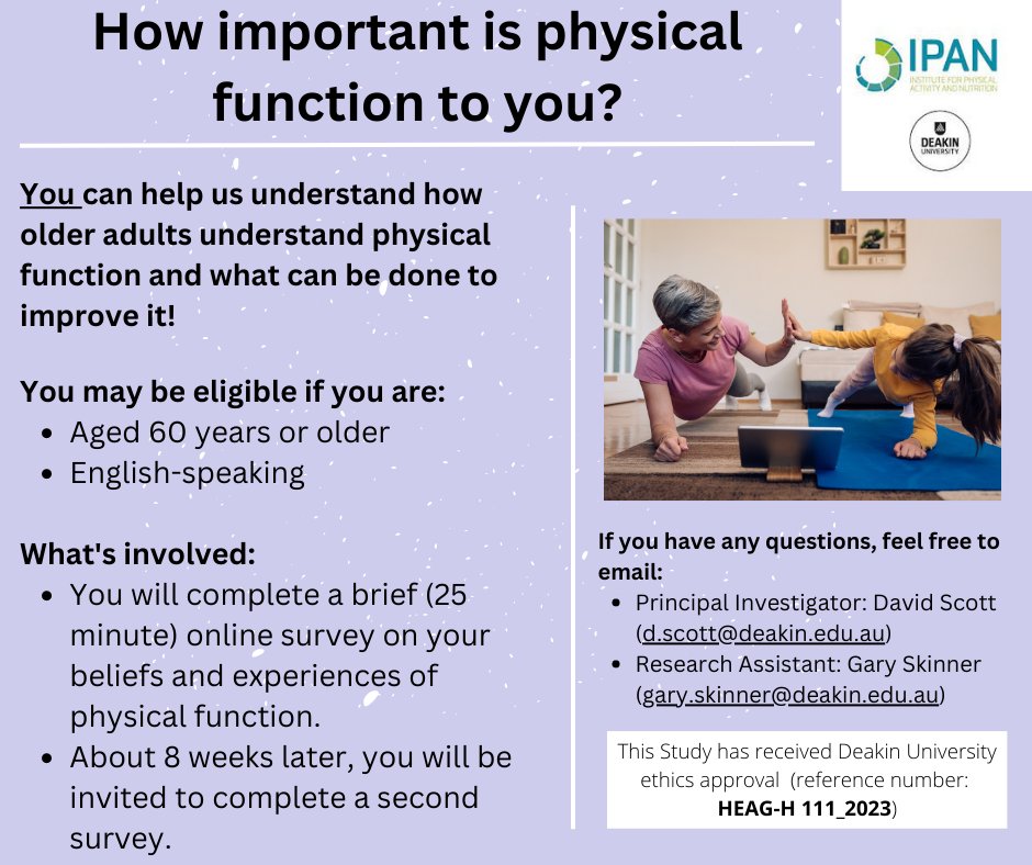 New @DeakinIPAN research study - Please share with family and friends worldwide!🌏 We're inviting adults aged 60 years and older to share their views on physical function 💪🚶 - How important is physical function to you? - What support would you like in order to maintain or…