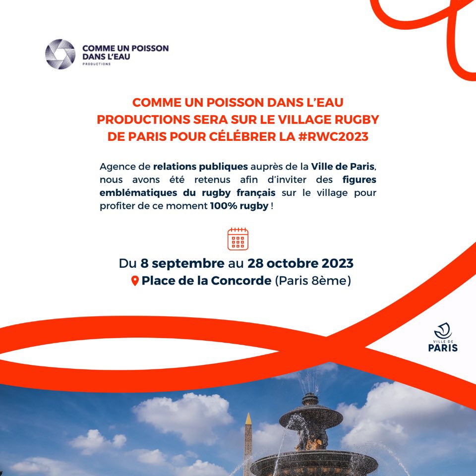 BocquetCaroline's tweet photo. 🚨🏉 @com1poissonprod  sera l’agence de relations publiques du village 🏉 🇫🇷 de la concorde aux côtés de la ville de Paris. 
Retrouvez-nous à partir du 8 septembre sur le village 100% rugby de la Place de la Concorde
#evenementiel #rugby #relationspubliques #rwc2023 https://t.co/BUQyfhNr0V
