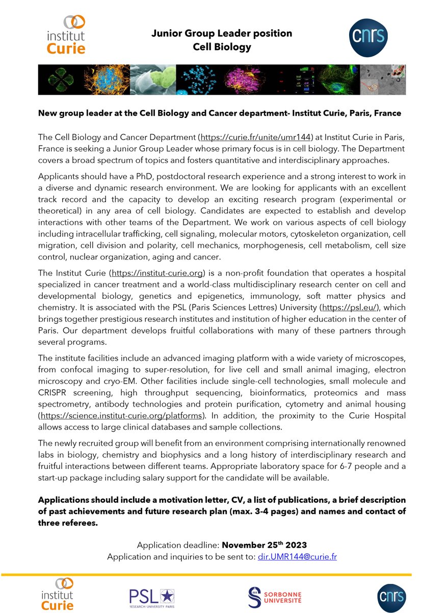 Junior group leader position in our Cell Biology department @institut_curie in Paris, France. Amazing scientific environment, fantastic colleagues, great supporting package, outstanding facilities, exciting city,... what do you need more? Looking forward to work with one of you!