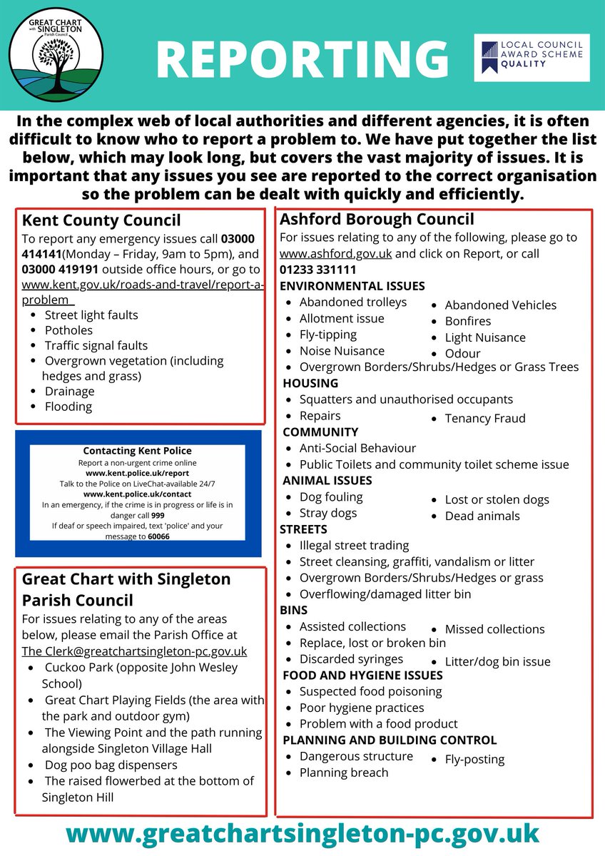 We're aware #reporting #faults &amp; #incidents can be a maze of #contactdetails so we've created this 1-pager with who to report what to. It's also on our #website to download &amp; print
greatchartsingleton-pc.gov.uk/Reporting_3064…
#GreatChart #singleton #parishcouncil #betheeyes #tellsomeone #getitfixed