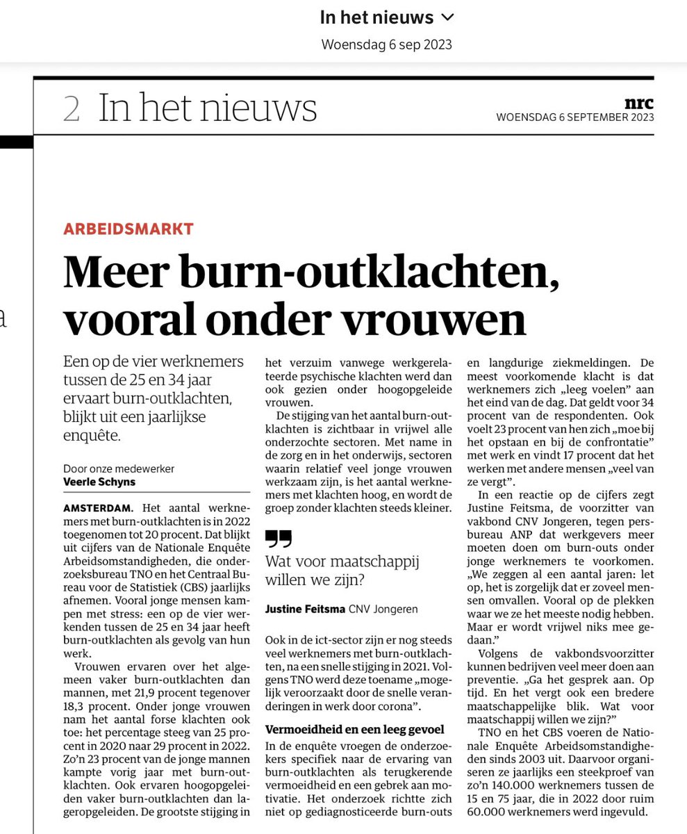 Wat voor maatschappij willen we zijn? 

Vandaag in <a href="/nrc/">NRC</a> mijn reactie op het stijgend aantal burn-outs. Kiezen we ervoor om naar elkaar om te kijken en nu echt er iets aan te gaan doen? Of laten we mensen in cruciale sectoren, en vooral vrouwen, simpelweg omvallen?