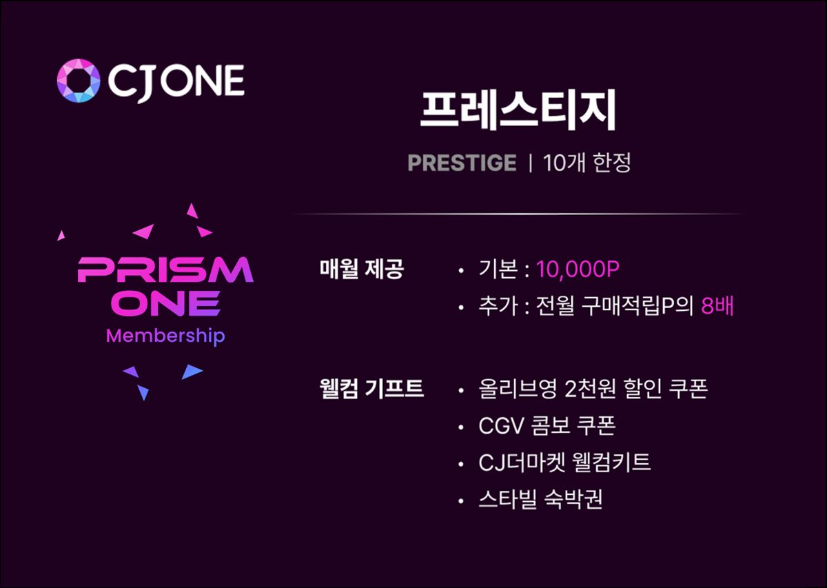 CJ_PRISM_ONE's tweet photo. 9/12 19시 사전 예약(WL) 판매까지 D-6!
 
CJ ONE 기본 포인트부터 웰컴 기프트까지 PRISM ONE Membership의 다양한 혜택을 확인해보세요 
모든 혜택은 보유한 NFT 개수만큼 중복으로 받으실 수 있습니다🎁 https://t.co/FFGBX3kyzH