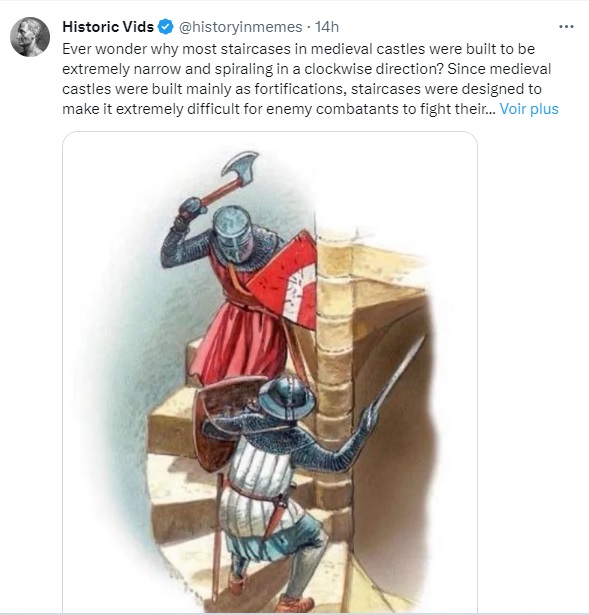 Vous avez peut-être déjà entendu ça : "les escaliers des châteaux médiévaux sont construits en spirale vers la droite, pour compliquer la tâche d’un attaquant".

C’est très joli comme explication... mais c’est faux. Un thread ⬇️! #medievaltwitter #histoire