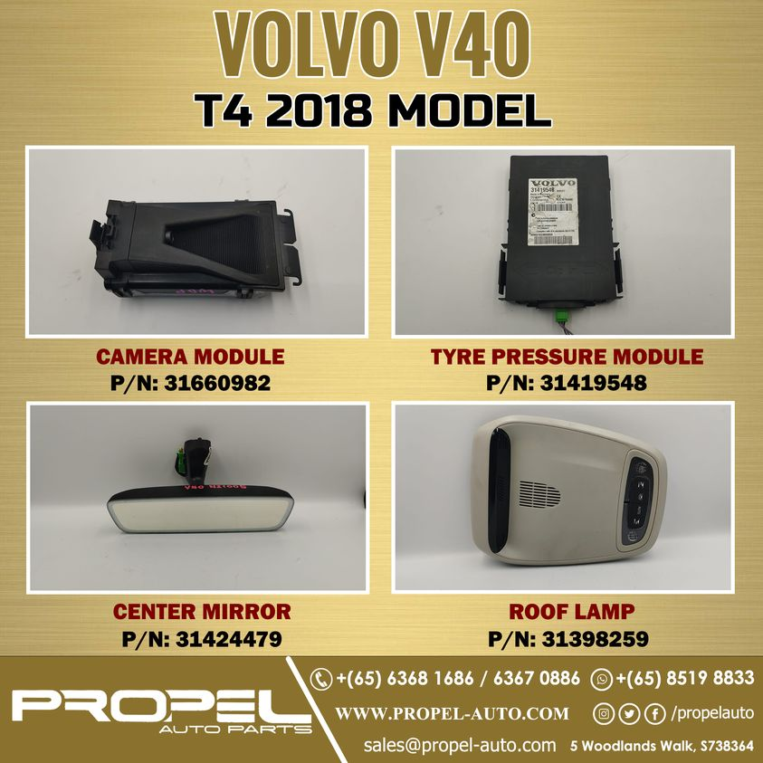 Volvo V40 T4 2018' Facelifted Interior Electrical Parts #ForSale 

Shop Genuine Spares for your car at #PropelAuto #SG 

#Volvo #V40T4 #Camera #TPMModule #CenterMirror #Rooflamp #V40Spares #GenuineParts #SGCars #T4Parts #SparePartShop #VolvoParts #Carparts #Shopping #OnlineStore