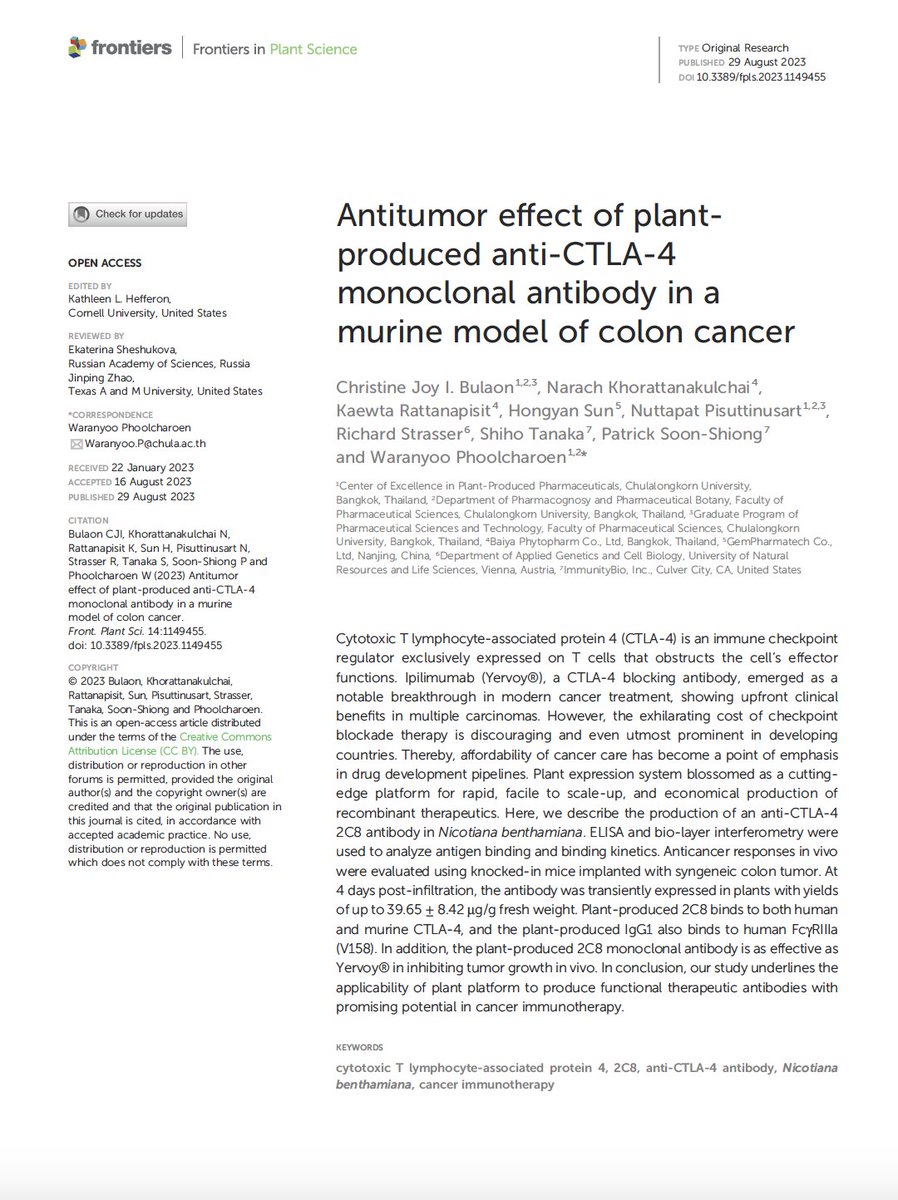 "Antitumor effect of plant-produced anti-CTLA-4 monoclonal antibody in a murine model of colon cancer" First publication from the collaboration between Baiya Phytopharm and ImmunityBio!!! Thank you for your support <a href="/DrPatSoonShiong/">Dr. Pat Soon-Shiong</a>