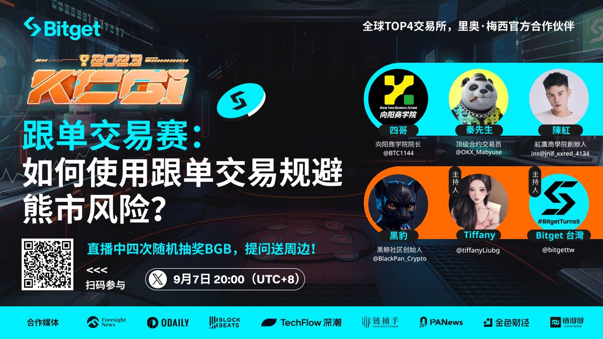 Bitget_zh's tweet photo. 🏆Bitget #KCGI 跟单交易赛AMA： @bitgettw大联动！
如何使用跟单交易规避熊市风险🐻？

⏰9月7 周四 20:00
🎙️主持人：@tiffanyLiubg
👨‍🏫嘉宾：@BTC1144 @OKX_Mabyuse @jnif_xxred （INS @jnif_xxred_4134） @BlackPan_Crypto

点赞关注以上嘉宾转推抽10人/50U🧧
立即订阅：https://t.co/qiMAsnPMPF https://t.co/6Df2DHVOpt