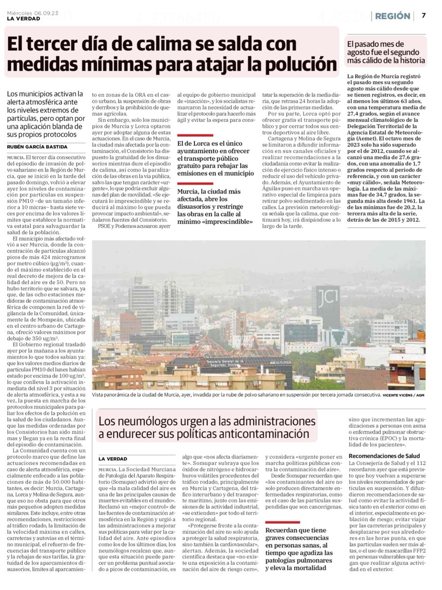 Desde <a href="/Somupar/">somupar</a> advierten de que "la mala calidad del aire es una de las principales causas de muertes evitables en el mundo". Reclama un "mejor control" de las fuentes de contaminación atmosférica en la Región y urge a las administraciones a mejorar sus políticas <a href="/laverdad_es/">laverdad_es</a> 👇