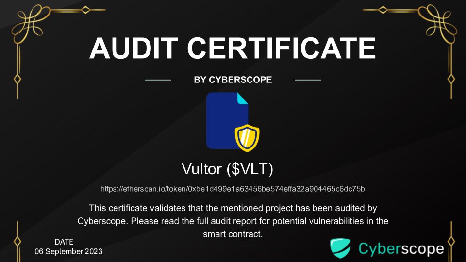 cyberscope_ann's tweet photo. We just finished auditing
 @vultorpay

Check the link below to see their full Audit report.
https://t.co/Rullkw948v

Want to get your project Audited?
https://t.co/BpKMpQ6c5z

#Audit #SmartContract #Crypto #Blockchain https://t.co/HrN8uXfRzo