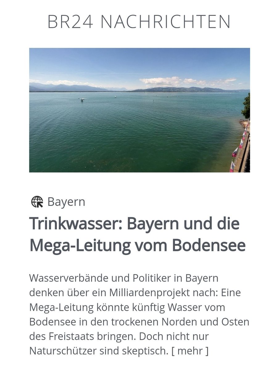 Bayern will wegen dem Klimawandel allen Anrainerstaaten unterhalb des Bodensees Rheinwasser wegnehmen und nach Nordbayern pumpen.

Verlierer sind Baden-Württemberg, Hessen, Rheinland-Pfalz, Nordrhein-Westfalen, Schweiz und Frankreich.

#Klimakatastrophe

br.de/index.html