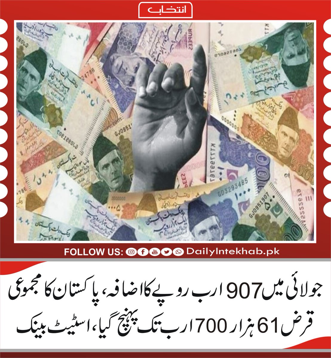 جولائی میں 907 ارب روپے کا اضافہ، پاکستان کا مجموعی قرض 61ہزار700 ارب تک پہنچ گیا،اسٹیٹ بینک 
dailyintekhab.pk/archives/397758