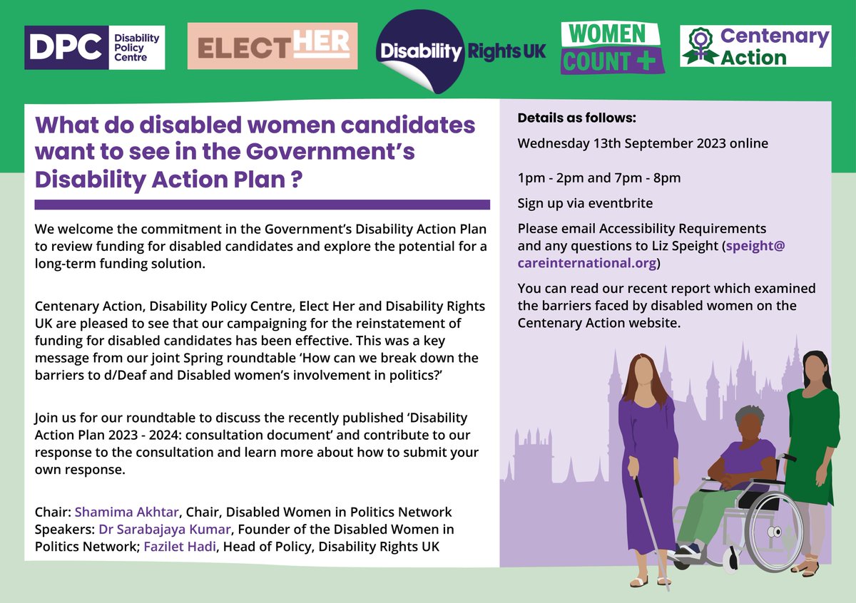 One week to go until our roundtable with @ElectHer_UK @DisPolCentre @DisRightsUK on 'What do disabled women want to see in the Government's Disability Action Plan?' Lunchtime and evening sessions on Wed Sept 13th Read more here and sign up: bit.ly/45QUpBn