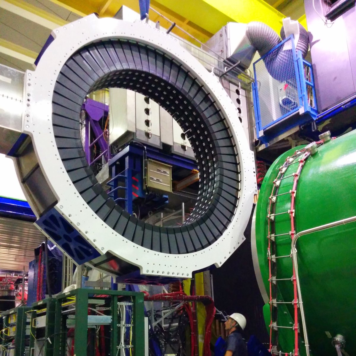 Here you can see LAV 12 being installed at NA62 in 2014, no less than 10 years ago! This is the most-downstream of the LAV stations, and the only one that sits outside of the large vacuum tank.