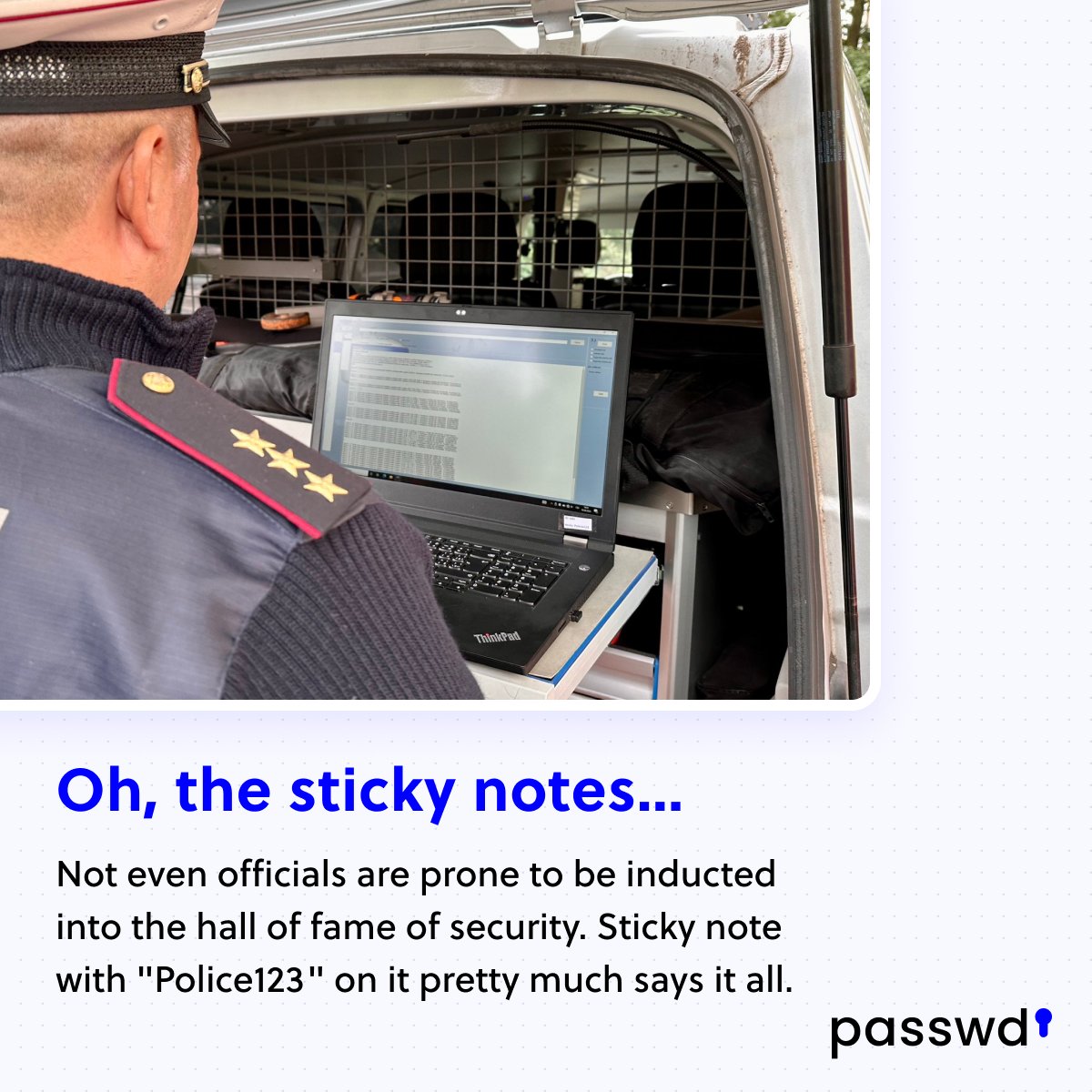 PasswdTeam's tweet photo. 🔒 Cybersecurity reminder: stronger passwords practices needed! 🔒

Recent events involving the Czech police serve as a reminder that cybersecurity matters. Their "Police123" password on a sticky note highlights the importance of better password management. ☝️ https://t.co/jzEZyw3fhf