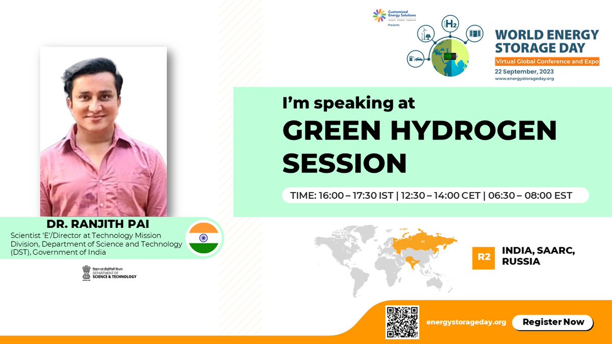We welcome Dr. Ranjith Krishna Pai, Scientist 'E/Director at Technology Mission Division From Dst, Government of India as our speaker for #WESD #2023.
He will be speaking in the R2- #Greenhydrogen session.

To interact with him, register at: lnkd.in/dXKwbsm7