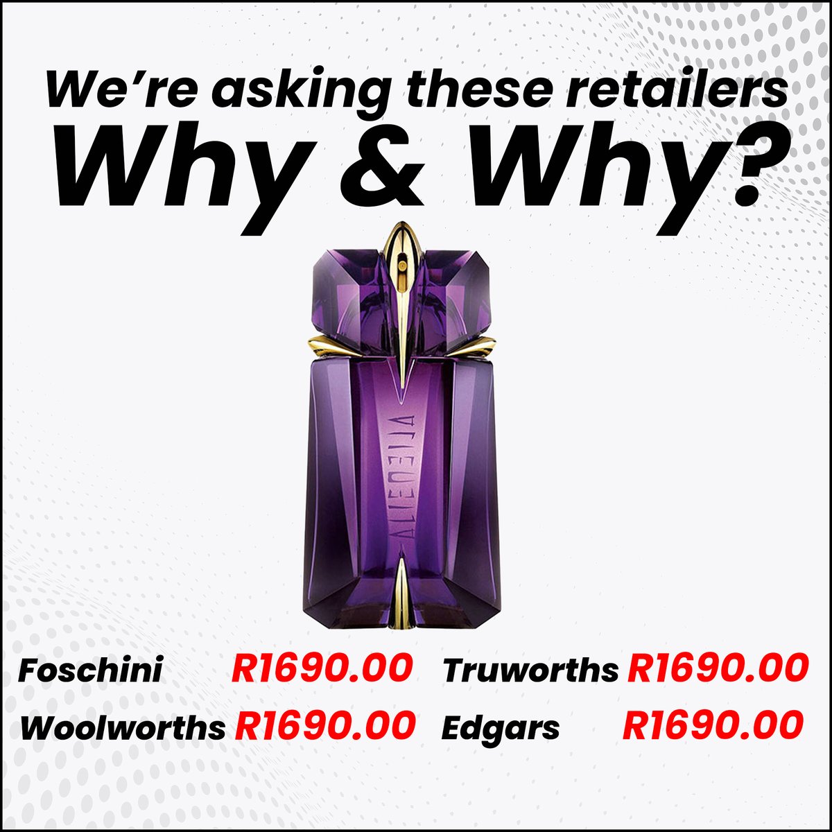 Yesterday we visited the Foschini, Woolworths, Truworths and Edgars websites and found that all four of these national retailers sell a bottle of original Alien for R1690. 🤔 Coincidence?? 🤷 We think not! Visit our Facebook page for more details! facebook.com/photo.php?fbid…