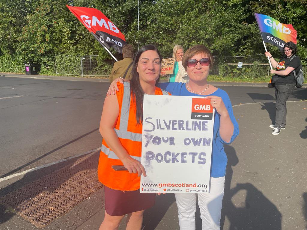 GMBScotPC_'s tweet photo. @RozFoyer of the STUC &amp; GMB Scotland Organiser Kirsty Nimmo standing in solidarity with our great care staff members at Baillieston today ✊🏻 #silverlineyourownpockets #gmbscotland #privatecare #EnoughIsEnough https://t.co/7n9c72kOC0