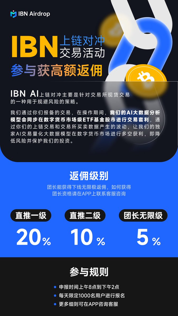 IBN  全新版本已经发布，打开APP点击更新即可，全新模式是Web3.0链上智能量化系统，启用了线下2级用户邀请奖励。每天只开放1000个名额，名额有限，大家不要错过报名时间！ 参与方式：登陆IBN空投APP。下载链接IBNAirdrop.io