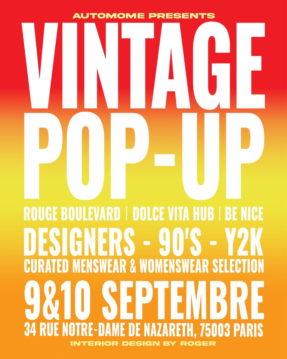 automome's tweet photo. POP UP VINTAGE PARIS // 9&amp;10 SEPTEMBRE

Automome organise son premier événement et invite 3 exposants pour l’occasion:

-Rouge Boulevard (ig: rouge.boulevard)
-Dolce Vita Hub @DolceVitaHub (ig: dolcevitahub)
-Be Nice (ig: benicevtg)

Découvrez la sélection Rouge Boulevard ! 🔴 https://t.co/EQvizvwRAD