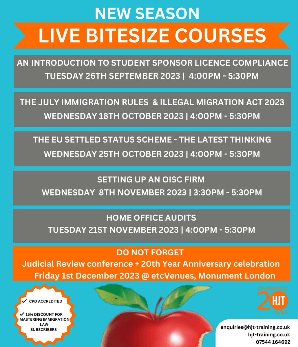 🍂NEW SEASON IS HERE! Turn over a fresh new leaf this season and accelerate your #immigration practice with our bite-sized courses. Hot topics like  #IllegalMigrationAct, #HomeOffice #Audits, #EU Settled Status scheme & more-Bookings hjt-training.co.uk/courses/ #ukvi #cpd #liveonline