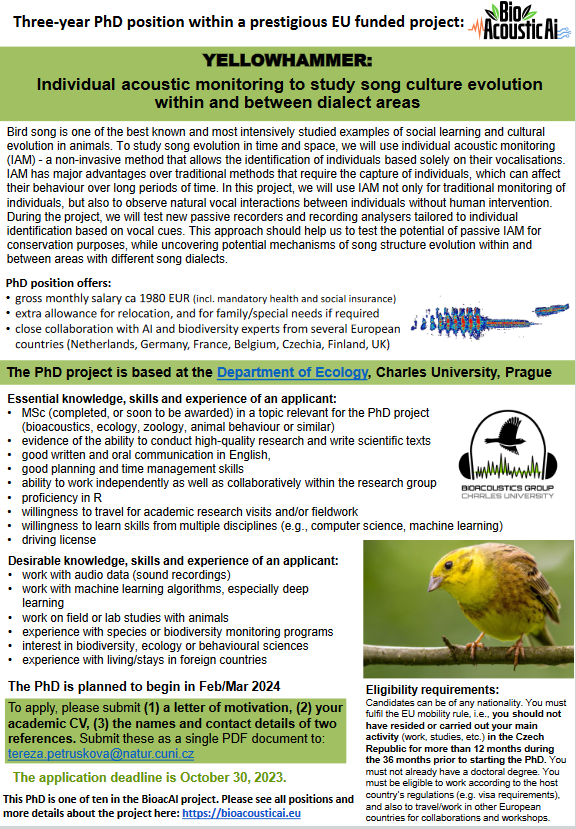 Fresh information! You can already check out the conditions of a PhD position in our group within the EU funded project 'Bioacoustics AI'. This PhD is only one of ten offered by this project. See details for all positions here: bioacousticai.eu