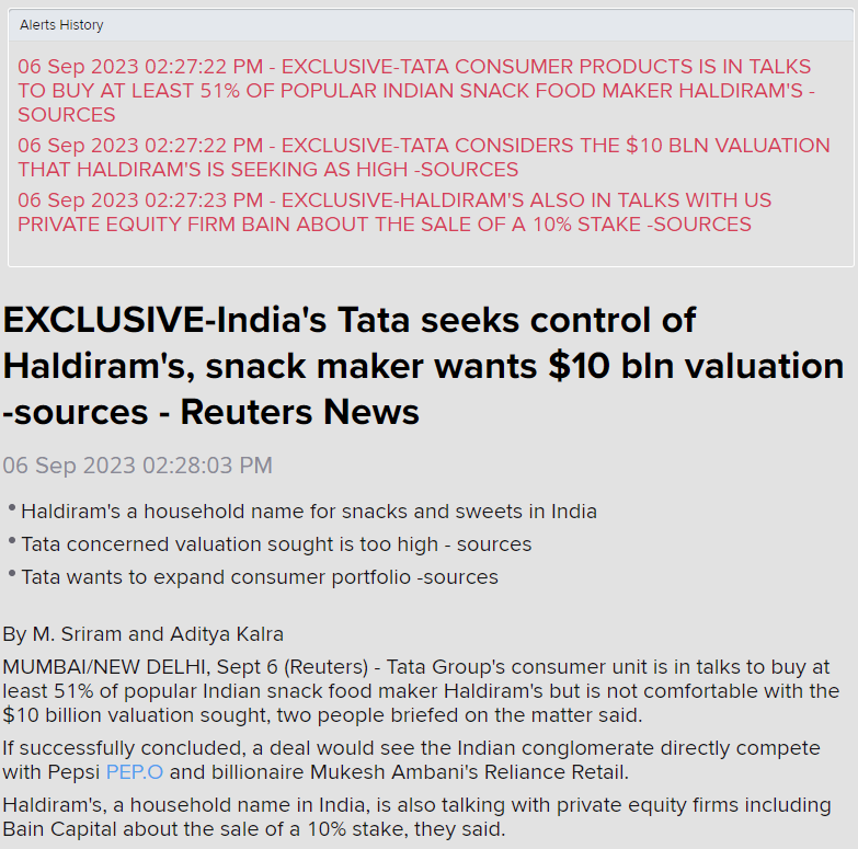 Reuters Flash: India's Tata Group consumer unit in talks for at least 51% stake in Haldiram's, the Indian food and sweets giant. Some discomfort on valuation ask for $10 billion but Tata very keen on business, higher than 51% stake. With <a href="/followthemani/">Sriram Mani</a>