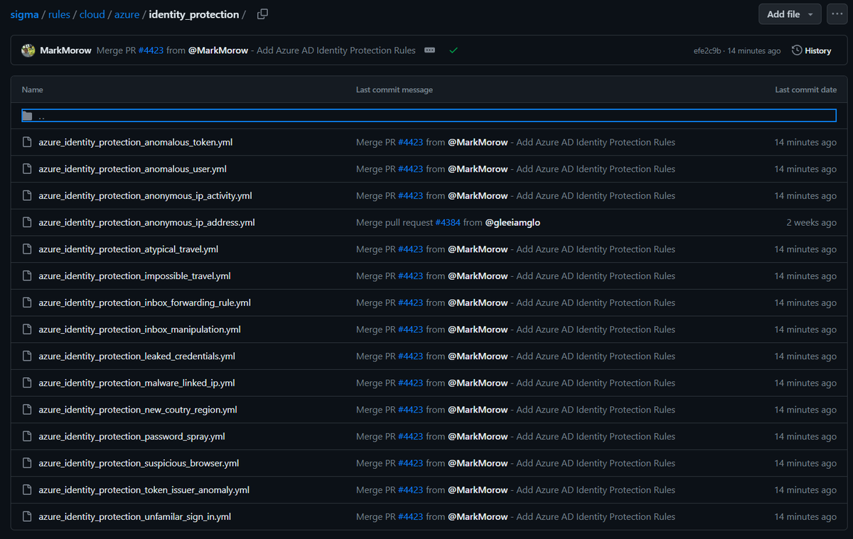 nas_bench's tweet photo. Thanks to @markmorow and team. We now have "Azure AD Identity Protection Rules" in @sigma_hq 

Events ref from MSDN https://t.co/wLUQprVbQp

Hope to see more contribution like these from the community 🔥💙 https://t.co/jsUdulvlRG