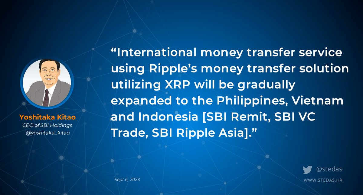 stedas's tweet photo. 🔥"Ripple's money transfer solution utilizing XRP will be gradually expanded to the Philippines, Vietnam and Indonesia"
- Yoshitaka Kitao, CEO of SBI Holdings 

#fintech $XRP @Ripple https://t.co/2FElx3Pia1