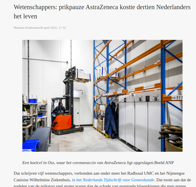 dimgrr's tweet photo. Wat ik nog weet is dat een stel wetenschappers  (spoiler alert) berichtten dat die AZ pauze die Hugo de Jonge instelde een whopping 13 COVID doden tot gevolg had. Dat rekenden ze dan uit door de  Infection Fatality Rate uit Groot Britannië van een paar maanden eerder los te laten op het aantal positieve testuitslagen (cases) en covid doden in Nederland. Dat leverde, even kort door de bocht geformuleerd, impliciet de volgende vergelijking op: Doden / Infecties = Doden / Cases  => IFR  = CFR. Oftewel infection fatality rate = case fatality rate. 

Een mijlpaal voor de epidemiologie in het algemeen en de Nederlandse wetenschap in het bijzonder.

Kwisvraag: Hoe berekenden de wetenschappers vervolgens het extra aantal doden als gevolg van het pauzeren van het vaccin? (Hint, iets met VE tegen COVID19 sterfte)

Zulke baanbrekende studies krijg je natuurlijk niet zo snel gepubliceerd -- peer review en toestanden --, behalve dan in de vakbladen en de gerenommeerde wetenschappelijke bijlages van de kwaliteitskranten die we ook kennen van de wasbeerhond die de mensheid het coronavirus gaf en het gelijkschakelen van relatieve en absolute vaccineffectiviteit. 

Terzijde: Veel van de uitgesproken tegenstanders van maatregelen  deden hun uiterste best om de vaccins te promoten. Het was alleen niet altijd even duidelijk.