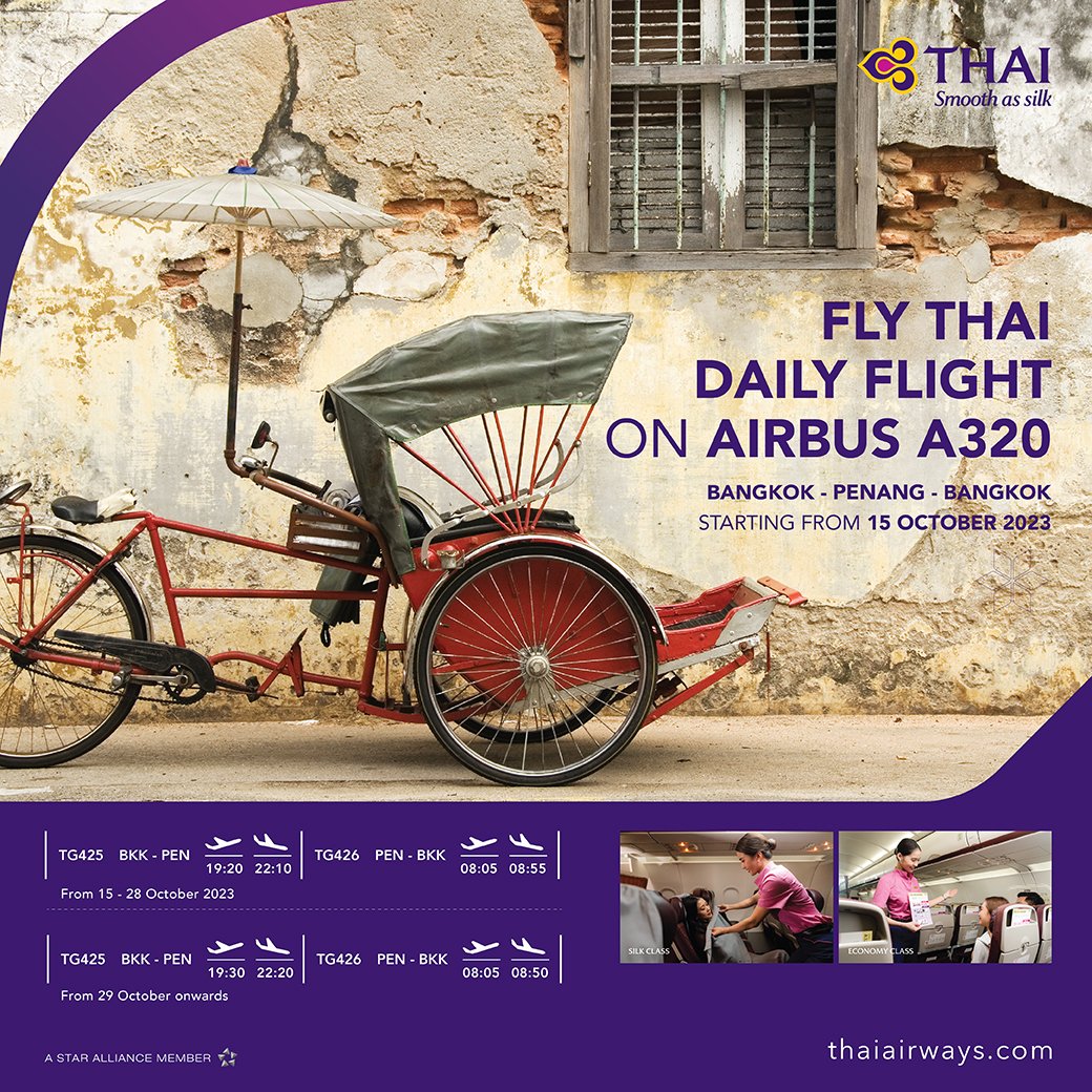 ThaiAirways's tweet photo. Unveil the world with #ThaiAirways to 3 destinations: #Kaohsiung, #Penang, #Kolkata, with our full-service daily flights (7 flts/week) on the Airbus #A320 Starting on October 15, 2023
Book your journey👉🏻https://t.co/eVXjZkmSyQ
*T&Cs apply. #Taiwan #Malaysia #India #iFlyTHAI #tg https://t.co/eTEl6tN1Ew