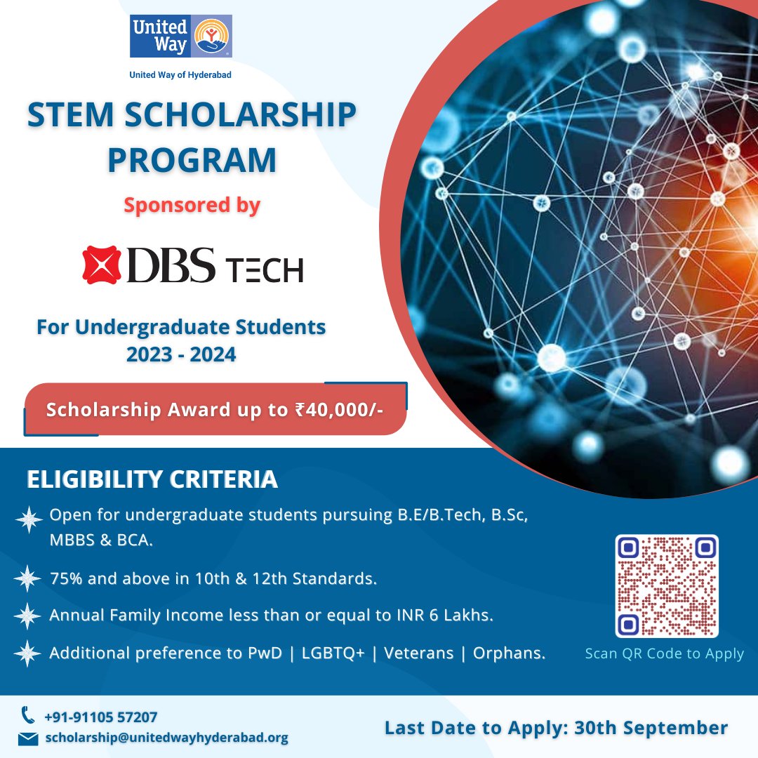 unitedwayhyd's tweet photo. The STEM Scholarship Program 2023–2024 sponsored by #DBSTechIndia is to encourage young women and men pursuing STEM undergraduate programs by providing financial assistance.
https://t.co/SVvfq6stNH
#Scholarships #STEMEducation #WomeninSTEM #DBSTechIndia #LiveUnited https://t.co/HwRuEPCbtS